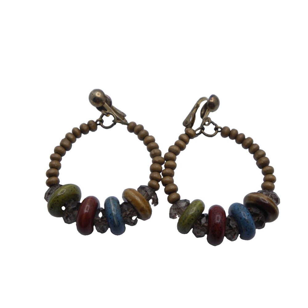 Vintage Boho Beaded Clip On Earrings Hoop Multicolor Wood Chunky Retro Handmade